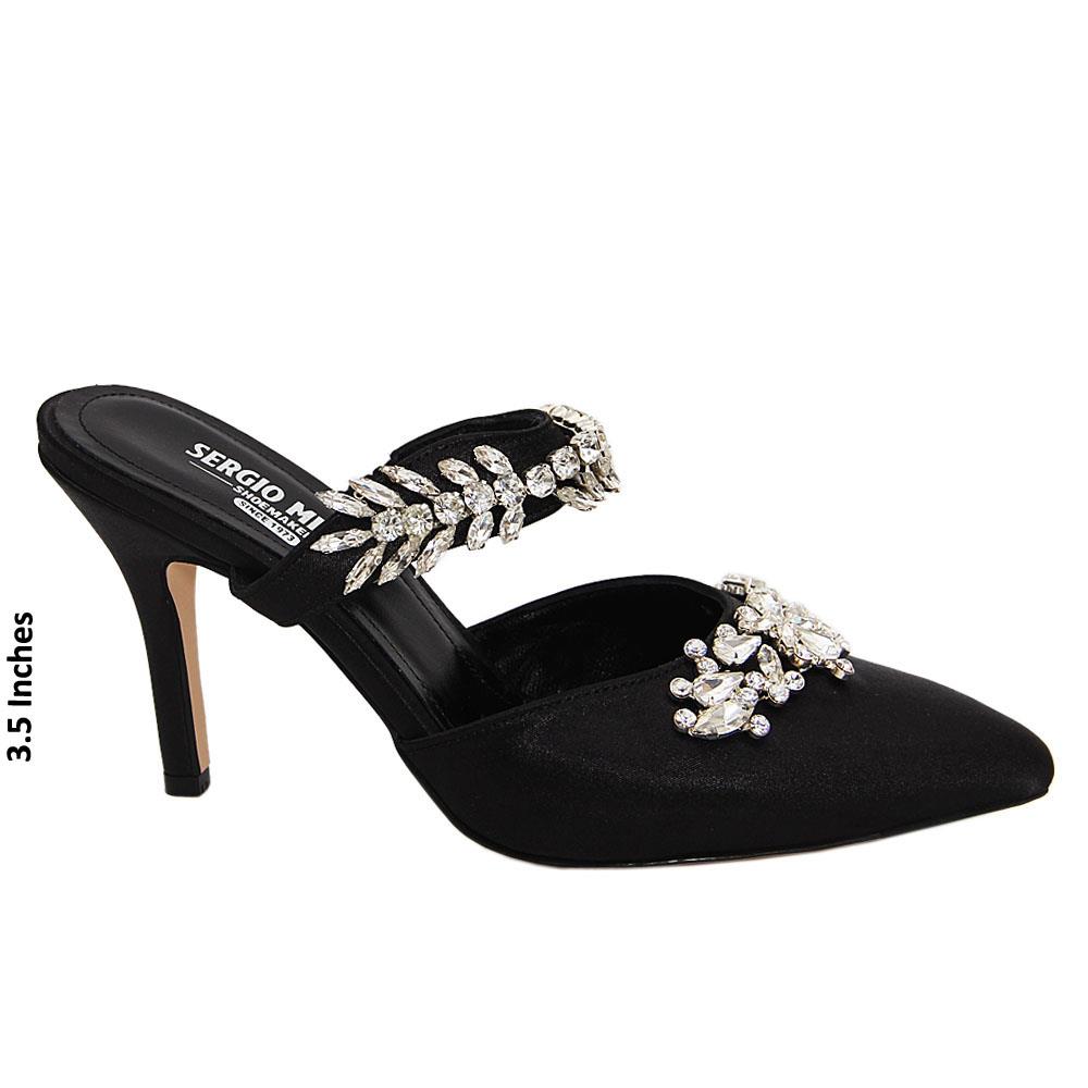 Duchess Black Crystals Satin Leather High Heel Shoes (Black)