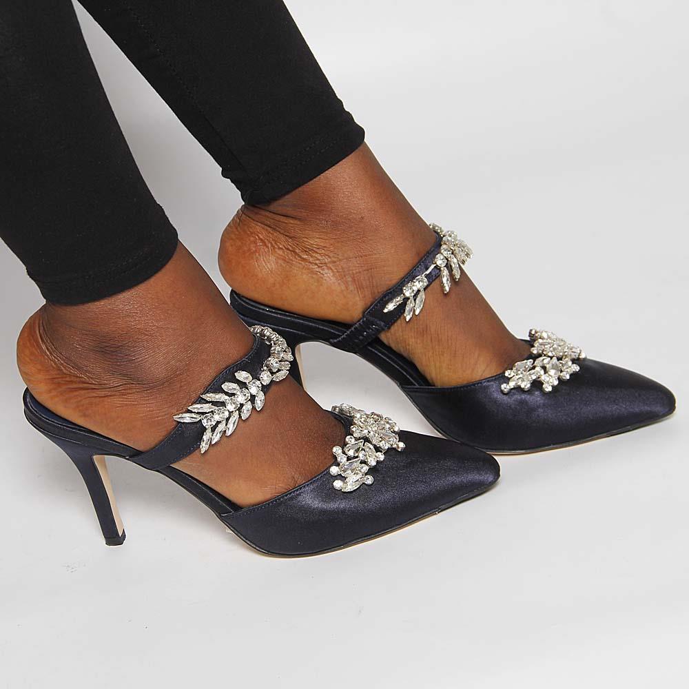 Duchess Navy Crystals Satin Leather High Heel Shoes (Navy)