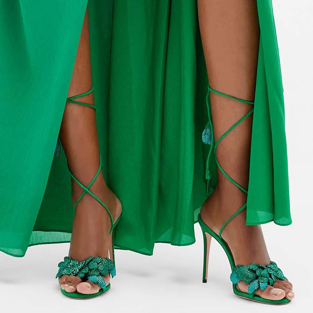 Tyra Green Studded Suede Leather High Heel Wrap Sandals