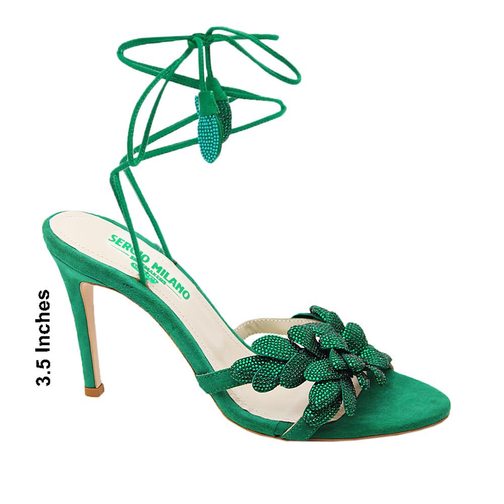 Tyra Green Studded Suede Leather High Heel Wrap Sandals - Image 2