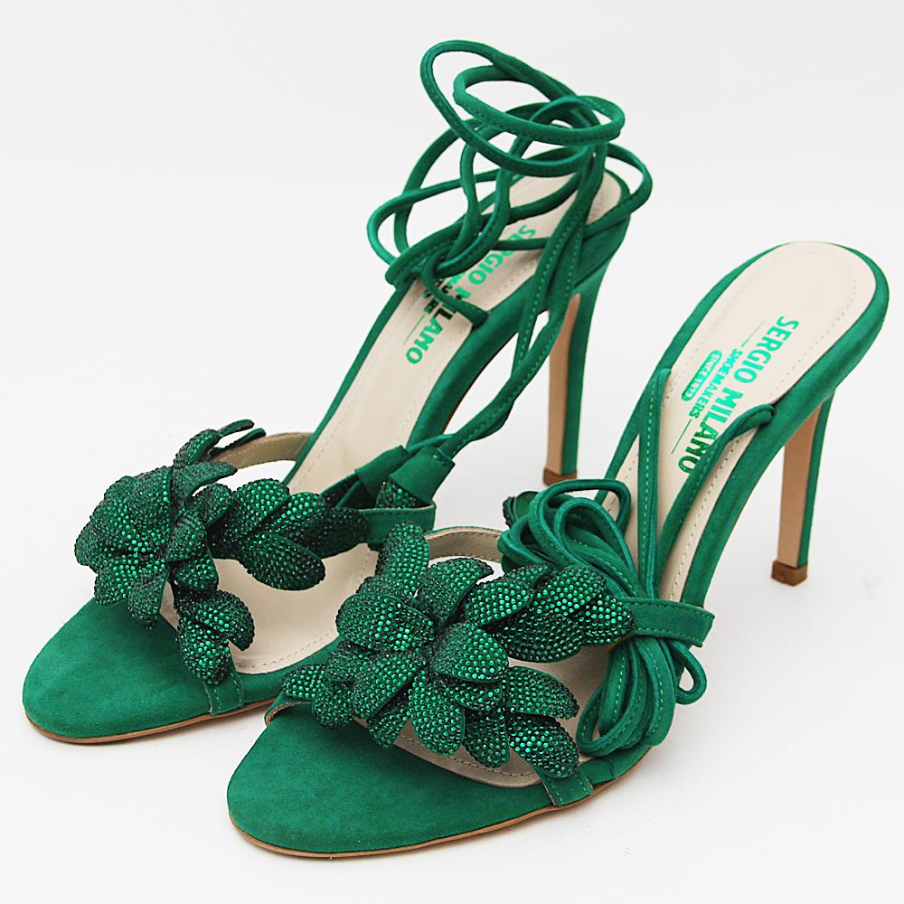 Tyra Green Studded Suede Leather High Heel Wrap Sandals - Image 3